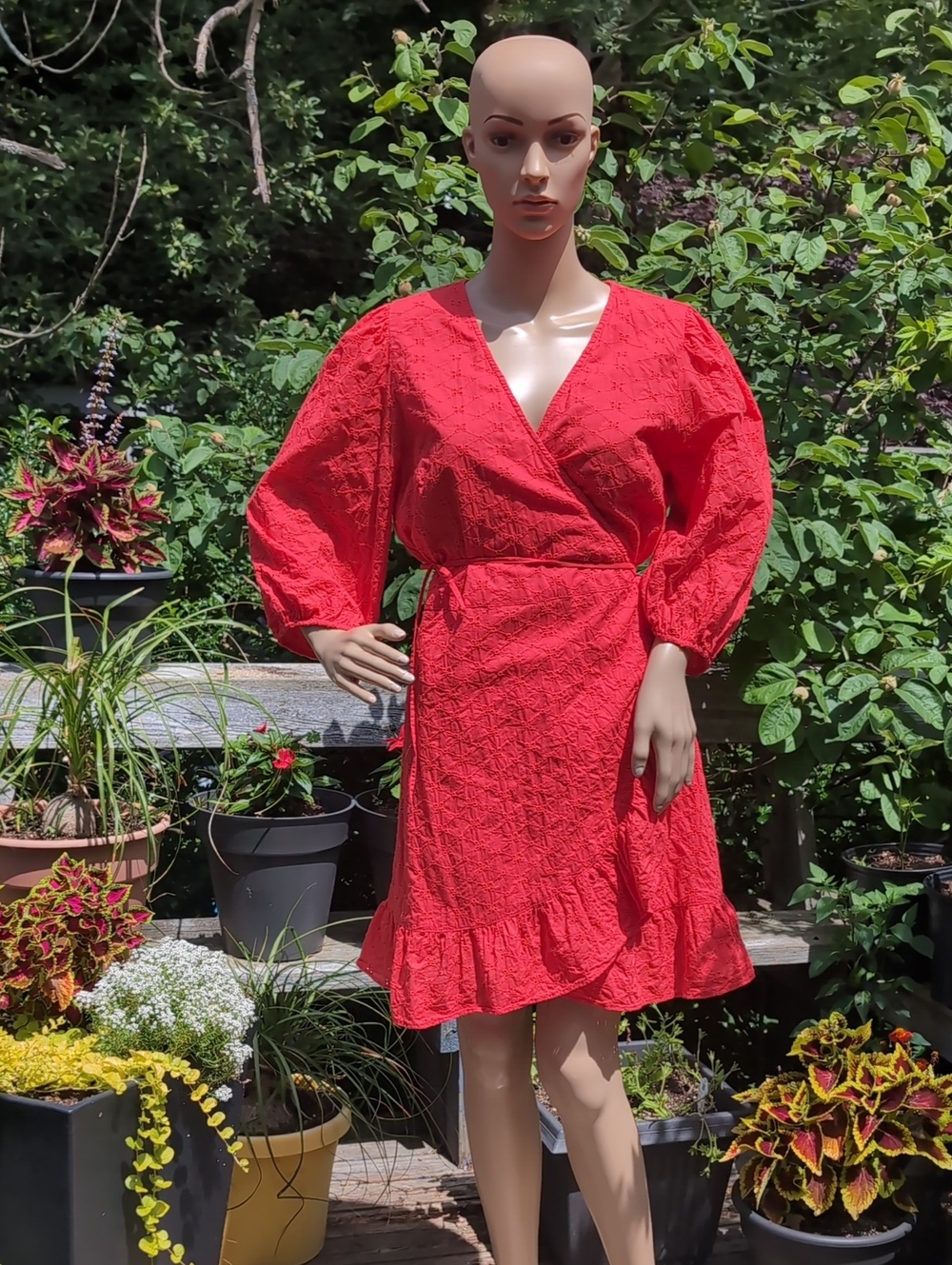 GAP Coral Textured Eyelets Wrap Mini Dress Cotton Large